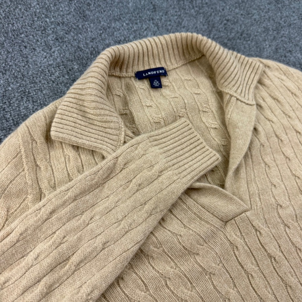 Lands End Sweater XL Tan 100% Cashmere Cable Knit V-Neck Polo Mens